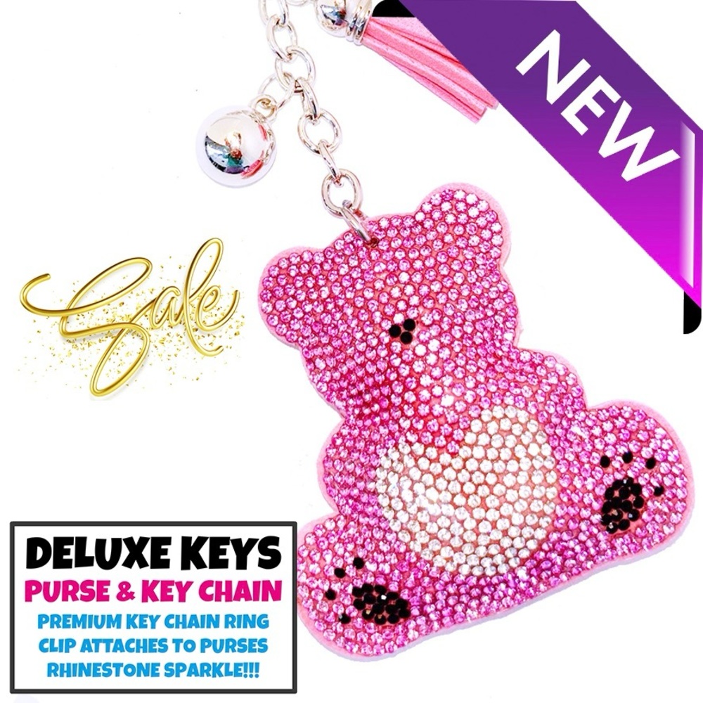 DeLuxe Keys Rhinestone Keychain/Purse Chain PINK BEAR WITH HEART